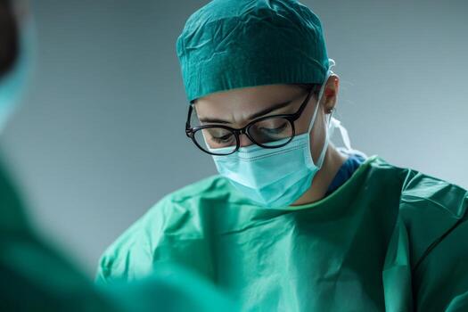 Dedicated surgeon focused on procedure in a sterile operating room during a complex surgical intervention photo
