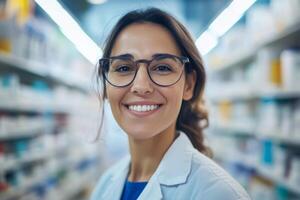 Smiling pharmacist in a pharmacy aisle with shelves stocked with various medicines and health products photo