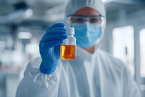 Researcher in protective gear examines a vial of orange liquid in a laboratory setting during a quality control process photo