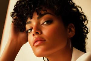 A woman with beautiful curly hair gazes intently with a serene expression, her hand resting on her head in softly lit surroundings, highlighting her natural features and elegance photo