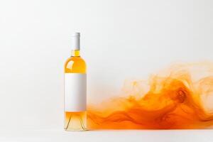 Creative display of white wine bottle with vibrant orange smoke effect in a minimalist setting photo