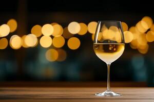 Elegant glass of white wine on a wooden table with golden bokeh lights in background creating a warm atmosphere in the evening photo