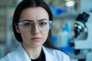 Young female scientist in a laboratory setting focused on research with a microscope at work during the day photo