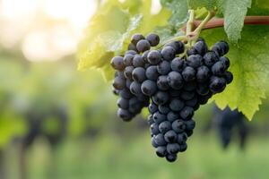 Freshly harvested black grapes hanging from vine in vineyard during golden hour lighting photo