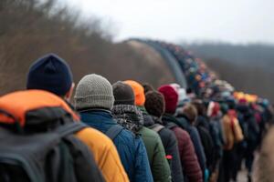 Long line of people waiting to cross the border during a cold morning in a rural area photo