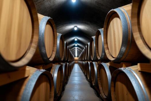 Wooden barrels line the dimly lit cellar, showcasing the process of aging fine beverages in a rustic environment photo