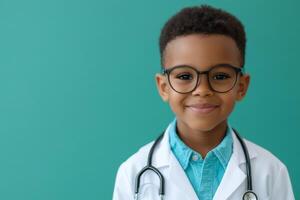 Young boy in a doctor's coat smiles confidently while wearing glasses against a teal background photo