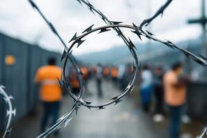 Workers gathered behind barbed wire at a construction site under cloudy skies photo