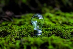 Light bulb resting on vibrant green moss in serene natural setting photo