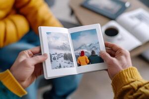 Person holding a scrapbook with winter photographs of snowy mountains and friends enjoying the landscape in a cozy indoor setting photo