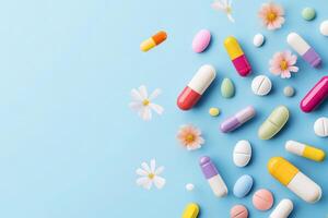 Colorful assortment of capsules and tablets with flowers on a light blue background photo