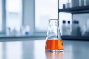 Laboratory flask with vibrant orange liquid in a bright workspace filled with scientific equipment photo