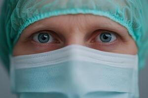 Healthcare worker in scrubs preparing for a patient interaction in a medical facility photo