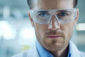 Scientist focuses intently in laboratory with safety glasses and a lab coat during research work photo
