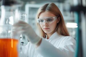 Young scientist conducts experiment with orange liquid in laboratory setting while wearing safety goggles photo