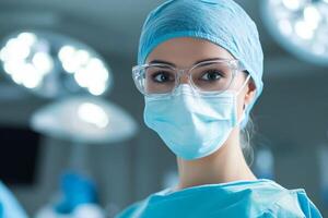 Medical professional preparing for surgery in a sterile environment with surgical lights photo