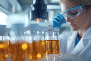 A focused female scientist in safety goggles and gloves analyzes amber-colored liquid samples in a modern laboratory. The researcher studies details under a microscope to ensure precise results. photo