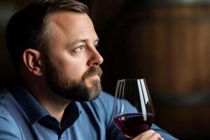 Man enjoying a glass of red wine while contemplating in a warm, rustic setting with wooden barrels photo