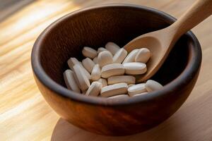 White tablets in a wooden bowl with a spoon on a light wooden surface photo