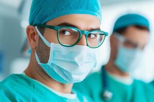 Medical professionals in surgical attire preparing for a procedure in a hospital setting during daytime photo