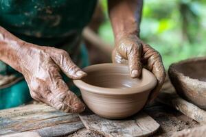 Crafting pottery in a traditional workshop surrounded by nature photo