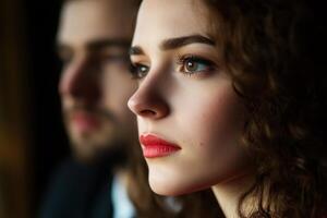 Intense expressions captured close-up of a woman and man while reflecting in soft light during a thoughtful moment photo