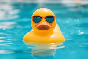 Fun summer day at the pool with a smiling yellow rubber duck wearing sunglasses photo