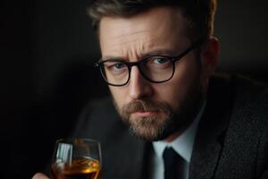 Sophisticated man in glasses enjoying a glass of whiskey in a dimly lit bar during an evening gathering photo