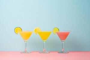 Vibrant cocktails with citrus garnishes served against a pastel backdrop in a refreshing summer setting photo