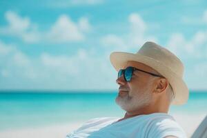 Man relaxing on the beach under a sunny sky with clear blue waters in the background on a warm afternoon photo