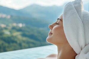 Relaxation at a serene spa with a woman enjoying nature and tranquility in the mountains photo