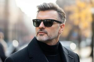 Stylish man in sunglasses walking through an urban environment during a sunny autumn day photo