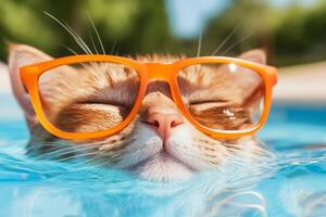 Cat enjoying a sunny day while floating in a pool with stylish orange sunglasses photo
