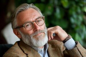 Elderly man with glasses and a beard smiles warmly while resting his hand on his chin in a cozy environment with greenery photo