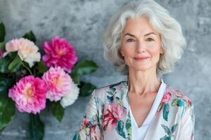 Elegant senior woman poses with vibrant flowers in a serene setting during daylight hours photo