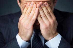 Man in suit covering face with hands, expressing stress or frustration in a formal setting photo