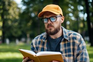Man reading a book in a park during a sunny day surrounded by greenery and trees photo