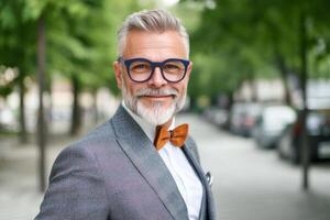 Stylish older man with glasses smiles confidently on a tree-lined street in a suit with a bow tie photo