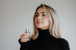 Young woman holding a perfume bottle while contemplating a scent in a minimalist setting photo