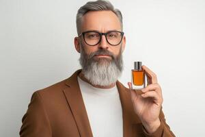 Sophisticated man with a beard showcasing a fragrance bottle in a modern setting photo