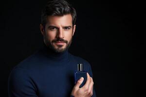 Man holding a fragrance bottle while wearing a dark turtleneck in a studio setting photo