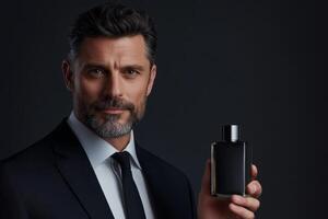 Stylish man in formal attire showcasing a sleek black fragrance bottle against a dark background photo