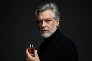 A mature man with silver hair and a beard poses confidently while holding a small perfume bottle. photo