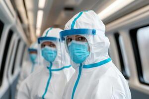 Healthcare workers in protective suits stand ready in a medical facility during a pandemic response photo
