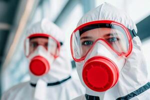 Health professionals wearing protective gear in a laboratory environment during a safety training session photo