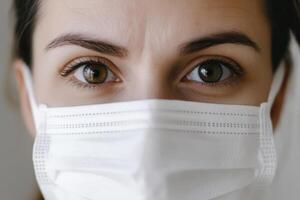 Close-up of a person's face wearing a mask in a neutral environment during health precautions photo