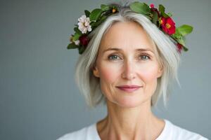 Celebrating natural beauty with a floral crown worn by a woman in a serene portrait capturing elegance and grace photo