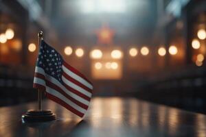 Small American flag placed on a wooden table with softly illuminated background in a historic building photo