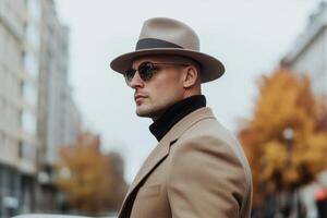Stylish man in beige coat and hat walks confidently on city street during autumn season photo