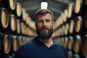 Man with beard stands confidently in a rustic wine cellar surrounded by barrels during golden hour photo